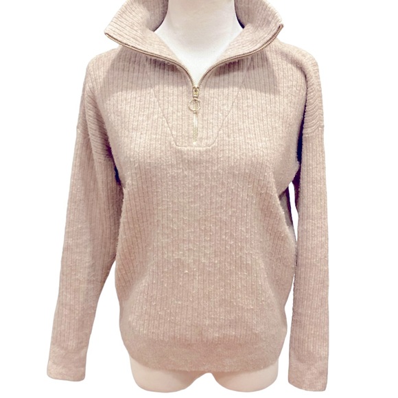 Loft Tan Oatmeal 1/4 Zip Ribbed Sweater Gold Cozy Relaxed Oversized Fit XXS - Picture 1 of 6